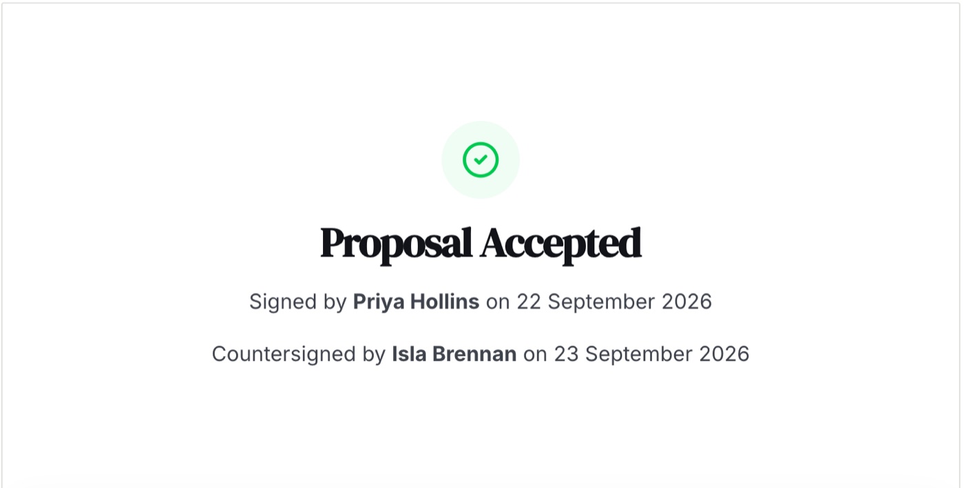 A proposal marked accepted, signed by the client on 22 September and countersigned on 23 September.